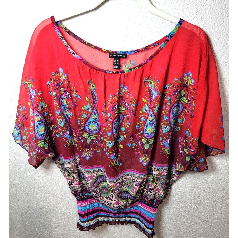 F.A.N.G. Sheer Boho Paisley Dolman Sleeve Smocked Waist Blouse Top Medium